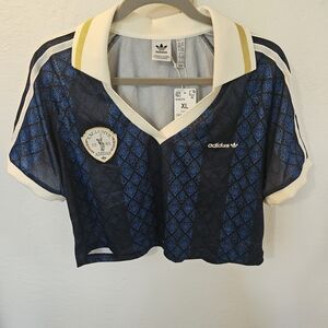 Adidas Navy and Cream Patterned Polo